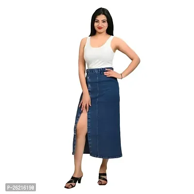 Elegant Blue Side Cut Denim Below Knee Skirts For Women-thumb0