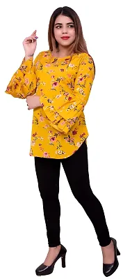 one amore Women's Floral Print Poly Crepe Bell Long Sleeves Round Neck Casual Top (Yellow,L)-thumb2