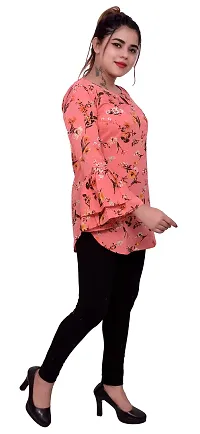 one amore Women's Floral Print Poly Crepe Bell Long Sleeves Round Neck Casual Top (Coral,XL)-thumb3