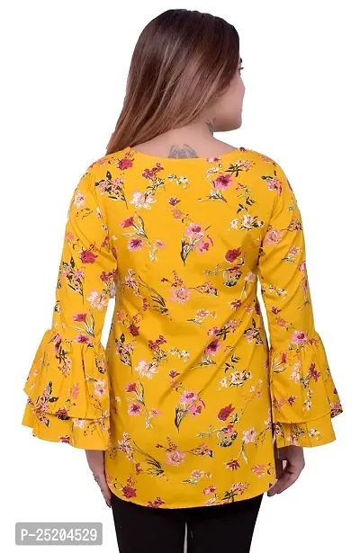 one amore Women's Floral Print Poly Crepe Bell Long Sleeves Round Neck Casual Top (Yellow,XL)-thumb4
