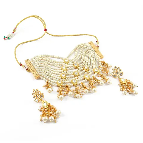 Sharma Jewellers Stylish Kundan Layered Choker Traditional Necklace Crystal Beads & Earrings Jewellery Set for Womens