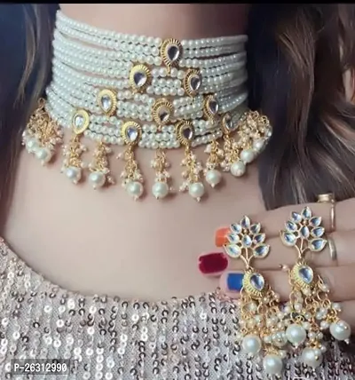 Sharma Jewellers Stylish Kundan Layered Choker Traditional Necklace Crystal Beads  Earrings Jewellery Set for Womens (White)-thumb2