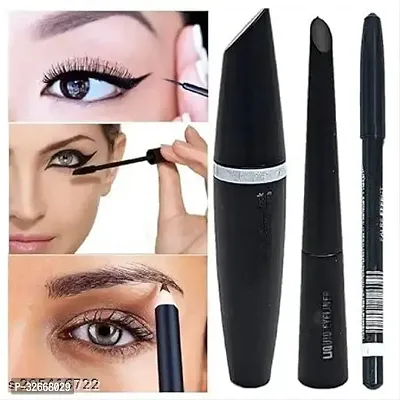 Professional Combo Waterproof Liquid Eyeliner, Mascara, Eyebrow Pencil With Long Lasting Kajal in Black-thumb0