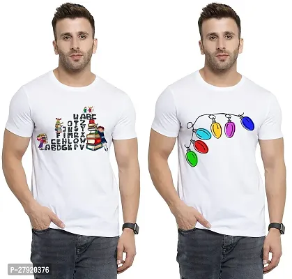 Elegant White Cotton Printed Round Neck Tees For Men- Pack Of 2-thumb0