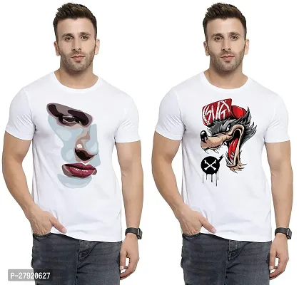 Elegant White Cotton Printed Round Neck Tees For Men- Pack Of 2-thumb0