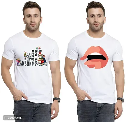 Elegant White Cotton Printed Round Neck Tees For Men- Pack Of 2-thumb0