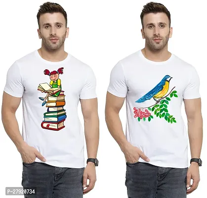 Elegant White Cotton Printed Round Neck Tees For Men- Pack Of 2-thumb0