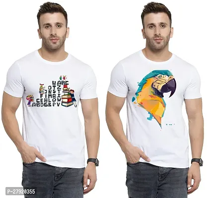 Elegant White Cotton Printed Round Neck Tees For Men- Pack Of 2-thumb0