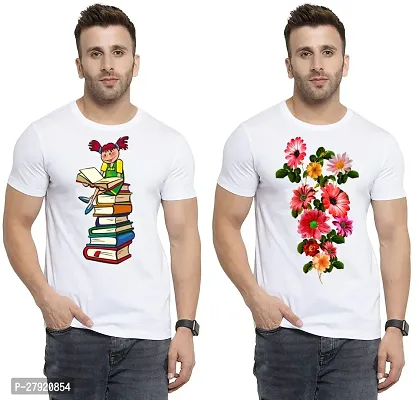 Elegant White Cotton Printed Round Neck Tees For Men- Pack Of 2