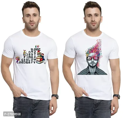 Elegant White Cotton Printed Round Neck Tees For Men- Pack Of 2