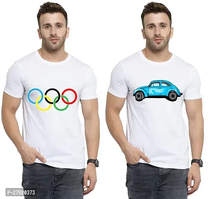 Elegant White Cotton Printed Round Neck Tees For Men- Pack Of 2