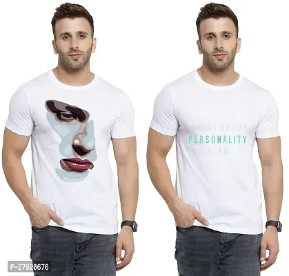 Elegant White Cotton Printed Round Neck Tees For Men- Pack Of 2-thumb0