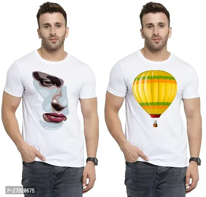 Elegant White Cotton Printed Round Neck Tees For Men- Pack Of 2