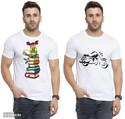 Elegant White Cotton Printed Round Neck Tees For Men- Pack Of 2-thumb0