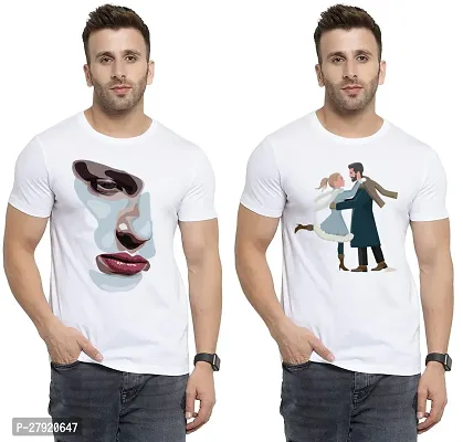 Elegant White Cotton Printed Round Neck Tees For Men- Pack Of 2