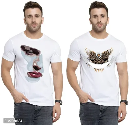 Elegant White Cotton Printed Round Neck Tees For Men- Pack Of 2-thumb0