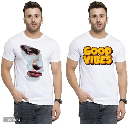 Elegant White Cotton Printed Round Neck Tees For Men- Pack Of 2-thumb0