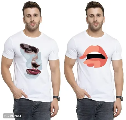 Elegant White Cotton Printed Round Neck Tees For Men- Pack Of 2-thumb0