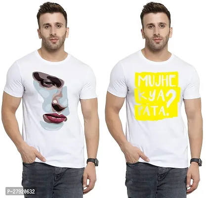 Elegant White Cotton Printed Round Neck Tees For Men- Pack Of 2-thumb0