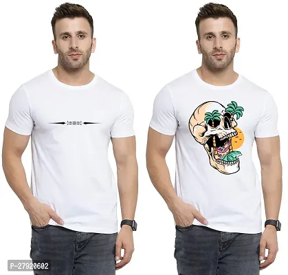 Elegant White Cotton Printed Round Neck Tees For Men- Pack Of 2-thumb0