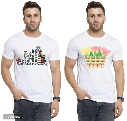 Elegant White Cotton Printed Round Neck Tees For Men- Pack Of 2