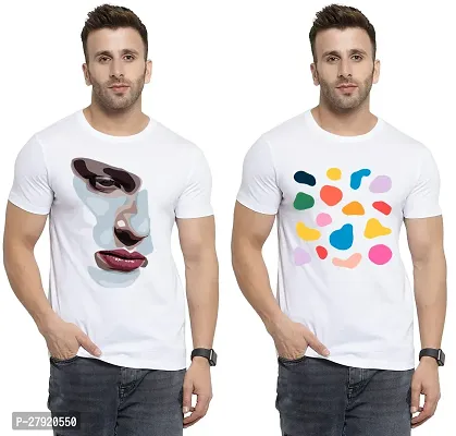 Elegant White Cotton Printed Round Neck Tees For Men- Pack Of 2-thumb0