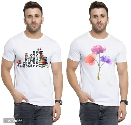 Elegant White Cotton Printed Round Neck Tees For Men- Pack Of 2-thumb0