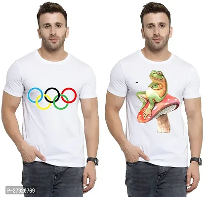 Elegant White Cotton Printed Round Neck Tees For Men- Pack Of 2-thumb0