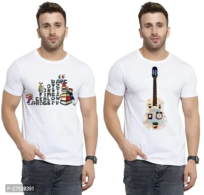 Elegant White Cotton Printed Round Neck Tees For Men- Pack Of 2-thumb0