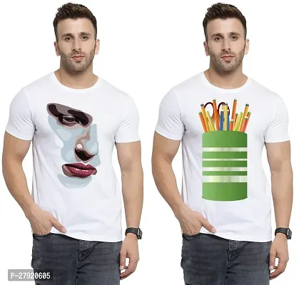 Elegant White Cotton Printed Round Neck Tees For Men- Pack Of 2-thumb0