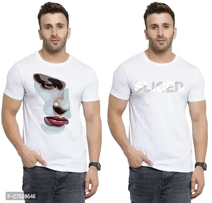 Elegant White Cotton Printed Round Neck Tees For Men- Pack Of 2-thumb0