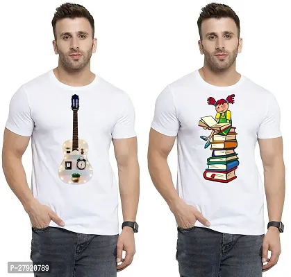 Elegant White Cotton Printed Round Neck Tees For Men- Pack Of 2-thumb0