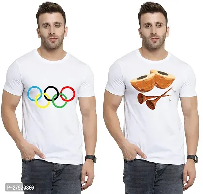 Elegant White Cotton Printed Round Neck Tees For Men- Pack Of 2-thumb0