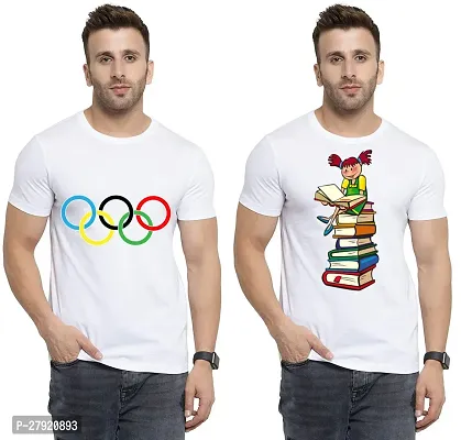 Elegant White Cotton Printed Round Neck Tees For Men- Pack Of 2