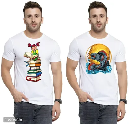 Elegant White Cotton Printed Round Neck Tees For Men- Pack Of 2-thumb0