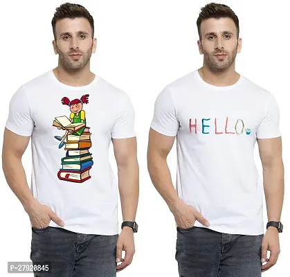 Elegant White Cotton Printed Round Neck Tees For Men- Pack Of 2