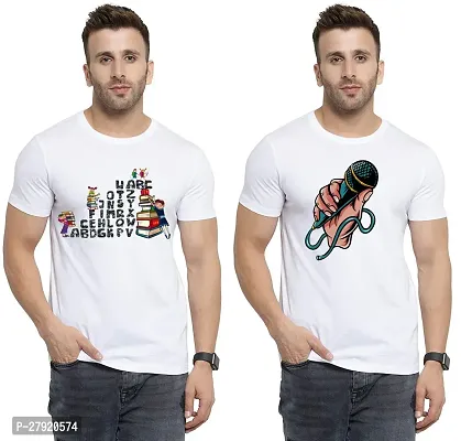 Elegant White Cotton Printed Round Neck Tees For Men- Pack Of 2-thumb0