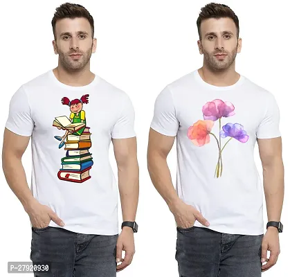 Elegant White Cotton Printed Round Neck Tees For Men- Pack Of 2