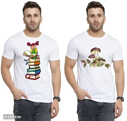 Elegant White Cotton Printed Round Neck Tees For Men- Pack Of 2-thumb0