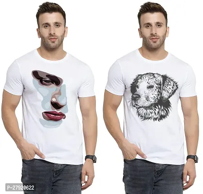 Elegant White Cotton Printed Round Neck Tees For Men- Pack Of 2-thumb0