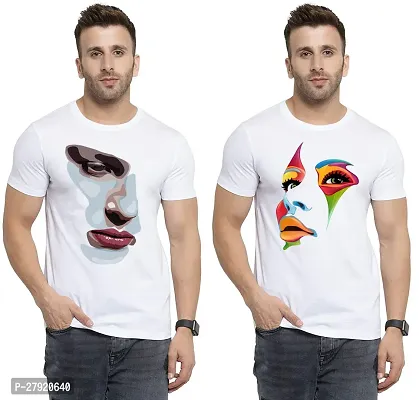 Elegant White Cotton Printed Round Neck Tees For Men- Pack Of 2-thumb0