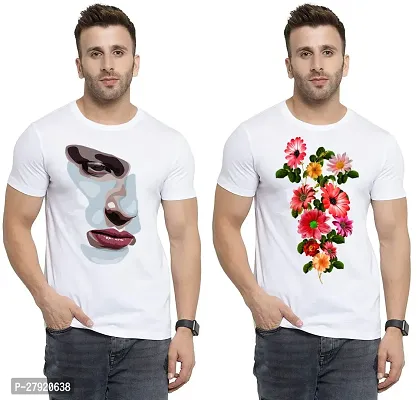 Elegant White Cotton Printed Round Neck Tees For Men- Pack Of 2-thumb0