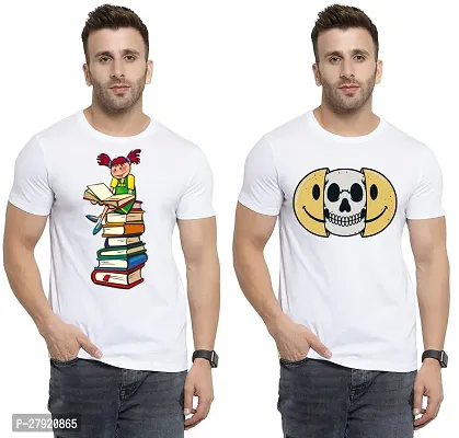 Elegant White Cotton Printed Round Neck Tees For Men- Pack Of 2-thumb0