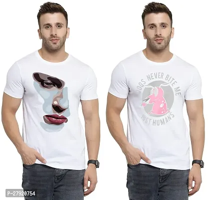 Elegant White Cotton Printed Round Neck Tees For Men- Pack Of 2-thumb0