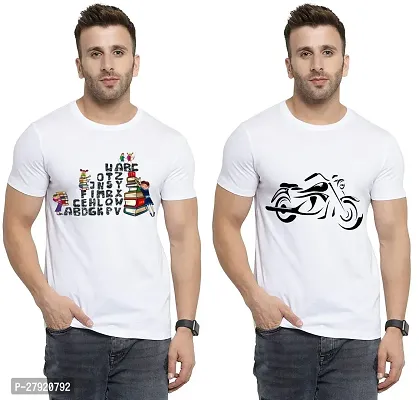 Elegant White Cotton Printed Round Neck Tees For Men- Pack Of 2-thumb0