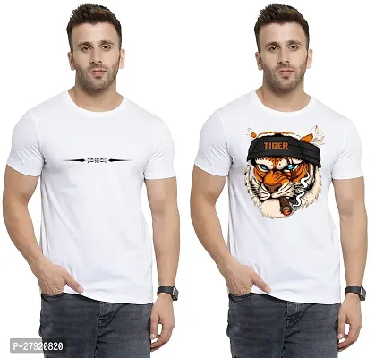 Elegant White Cotton Printed Round Neck Tees For Men- Pack Of 2