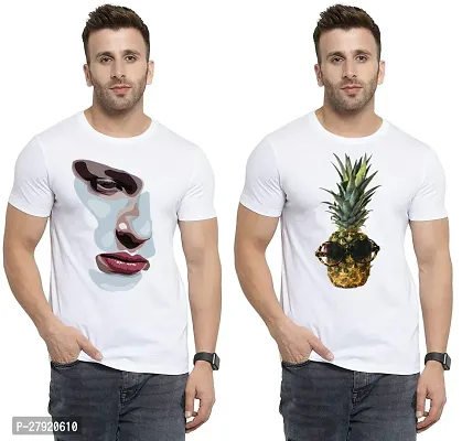 Elegant White Cotton Printed Round Neck Tees For Men- Pack Of 2-thumb0