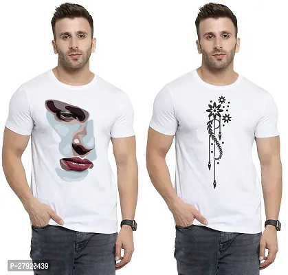 Elegant White Cotton Printed Round Neck Tees For Men- Pack Of 2-thumb0