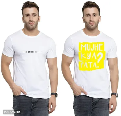 Elegant White Cotton Printed Round Neck Tees For Men- Pack Of 2