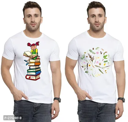 Elegant White Cotton Printed Round Neck Tees For Men- Pack Of 2-thumb0